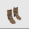 Leopard Print Mid Calf Boots With Block Heel And Checkered Strap Buckle 3d model
