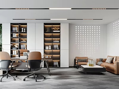 Modern Office Interior With Open Bookshelves Sofa Desk Chairs Plants And Lighting 3d model
