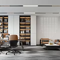 Modern Office Interior With Open Bookshelves Sofa Desk Chairs Plants And Lighting