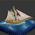 Detailed Vintage Sailing Ship Model With Brown Hull And White Sails On Blue Water Surface