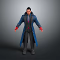 3D Male Character In Blue Long Coat With Red Gloves And Gray Background