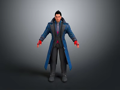 3D Male Character In Blue Long Coat With Red Gloves And Gray Background 3d model