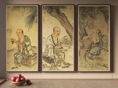Three Framed Traditional Chinese Figure Paintings with Natural Elements and Fruit Decor 3d model