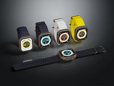Stylish Smart Watches With Assorted Color Straps And Digital Display Screens 3d model
