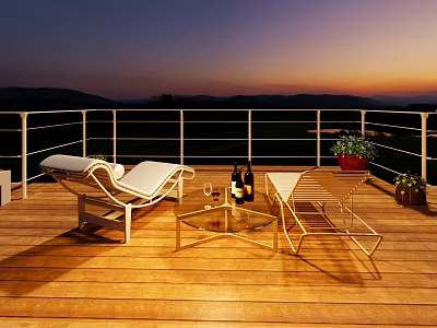 Stunning Sunset Mountain Landscape View From Warm Wooden Terrace With Relaxing Lounge Chairs And Wine 3d model