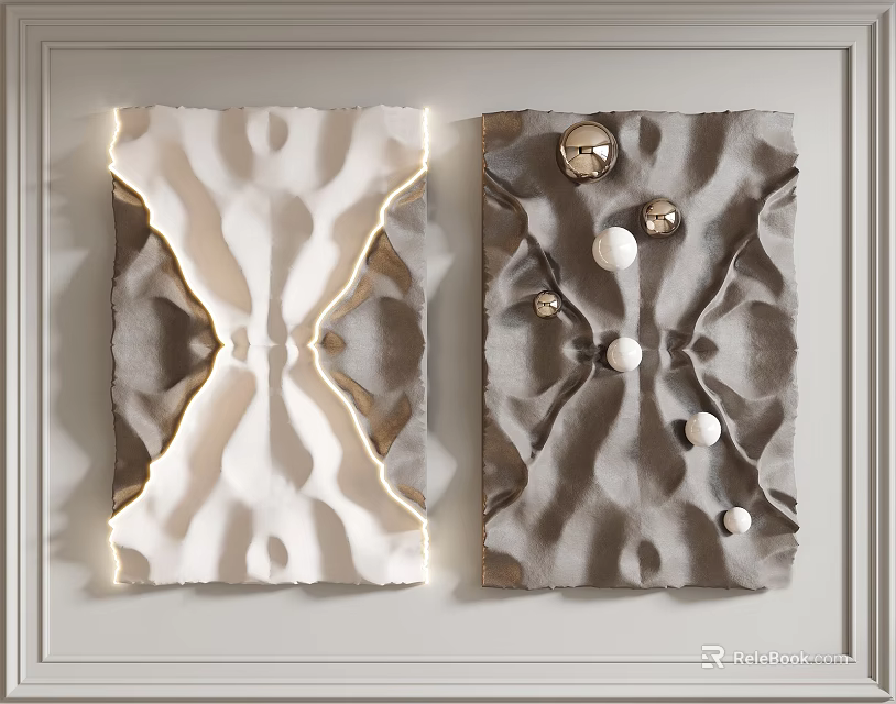 Modern White And Gray Wall Decor With Gold Lines Geometric Pattern And Spheres 3d model 