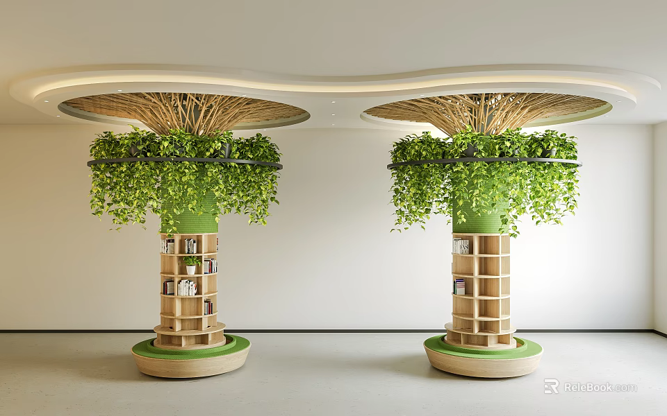Indoor Modern Decorative Pillars With Green Plants Wooden Shelves And Canopy Top 3d model 