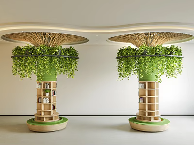 Indoor Modern Decorative Pillars With Green Plants Wooden Shelves And Canopy Top 3d model