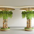 Indoor Modern Decorative Pillars With Green Plants Wooden Shelves And Canopy Top