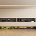 Beige Background Wall With Built in Shelves Decorative Items And Green Plants