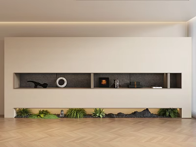 Beige Background Wall With Built in Shelves Decorative Items And Green Plants 3d model