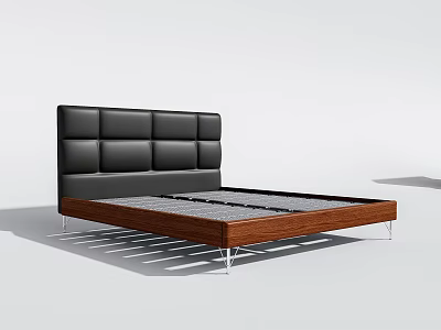 Modern Double Bed With Black Leather Square Tufted Headboard Wooden Frame And Metal Legs 3d model