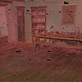 Vintage Room Interior With Wooden Floor Long Table Chairs Shelf Plates And Painting On Wall