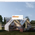 Two Modern Tents With Triangular Roof Design In Grass Field And Outdoor Seating