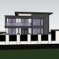 Modern Two Story Detached Villa Exterior With Black White Facade Large Glass Windows And Greenery