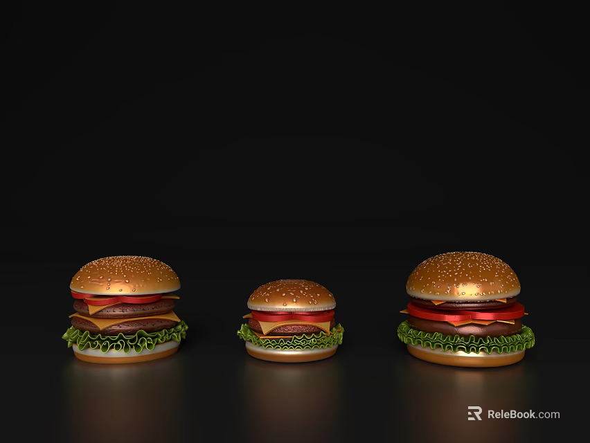 Three Different Sizes of Delicious Hamburgers Displayed on Black Background 3d model 