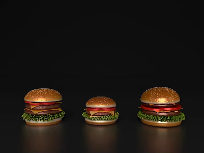 Three Different Sizes of Delicious Hamburgers Displayed on Black Background 3d model
