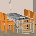 Modern Dining Table Set With Orange Chairs Glass Top And Wheeled Metal Cart