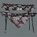 Women's Black Lace Lingerie Set With Garter Belt Sheer Panties Bow Details And Floral Pattern