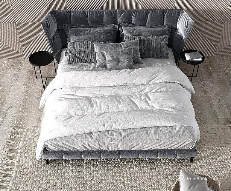 Modern Double Bed with Gray Cushions White Bedding and Side Tables 3d model 