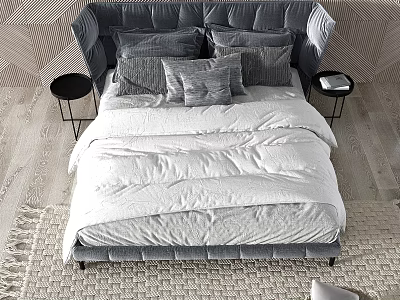 Modern Double Bed with Gray Cushions White Bedding and Side Tables 3d model