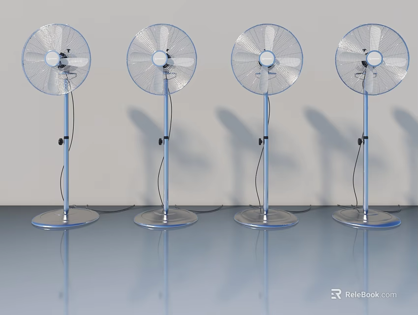 Four Standing Fans With Transparent Blades And Silver Base On Reflective Floor 3d model 