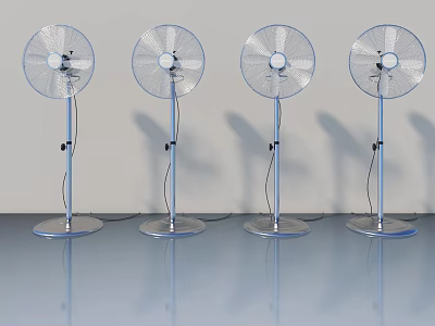 Four Standing Fans With Transparent Blades And Silver Base On Reflective Floor 3d model