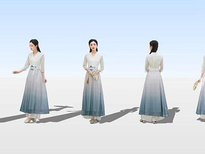 Elegant Women In Gradient Long Dresses Standing In Different Angles With Fans 3d model