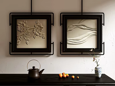 Abstract Paintings with Black Frames Hanging on Wall Teapot Oranges and Vase on Wooden Table 3d model