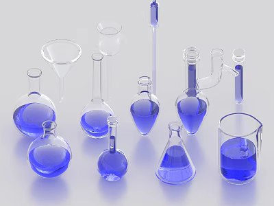 Blue Ceramic Laboratory Vessels Including Beakers Flasks Funnels And Test Tubes 3d model