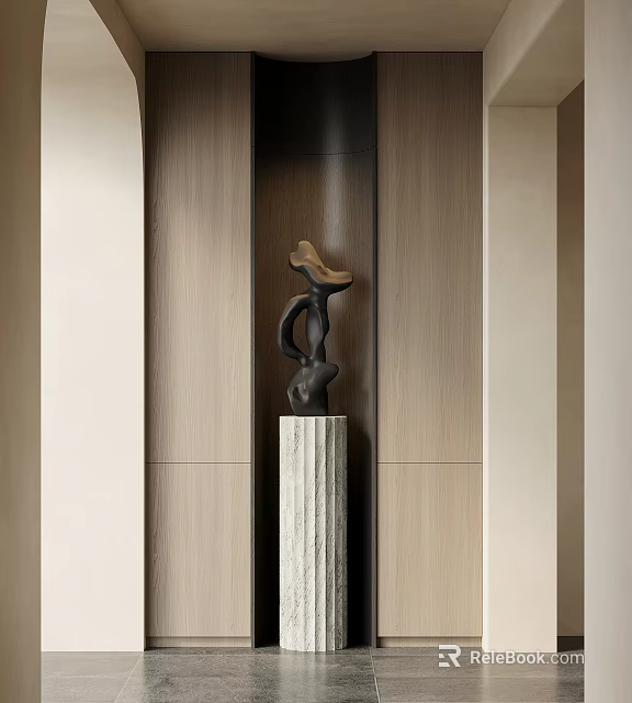 Modern Entryway Hallway Design With Sculpture On Stone Pedestal And Wooden Walls 3d model 