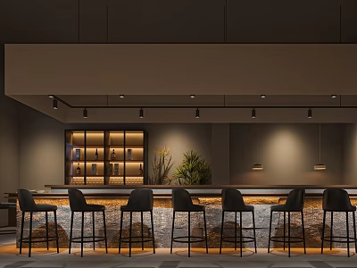 Modern Japanese Restaurant Interior With Bar Counter Bar Stools Display Shelves And Green Plants 3d model