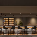 Modern Japanese Restaurant Interior With Bar Counter Bar Stools Display Shelves And Green Plants