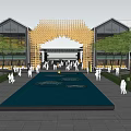 Contemporary Building Facade Featuring Wooden Arch Design Illuminated Evening Commercial Space With Pedestrians
