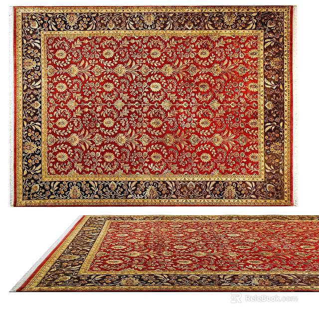 Traditional Square Red Carpet With Gold Floral Patterns And Black Border 3d model