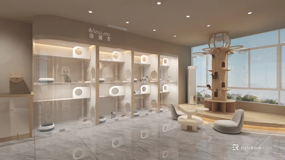 Miaoluke Mall Store With White Display Shelves Circular Decorations And Tree Shaped Kids Play Structure 3d model 