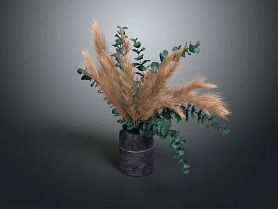 Decorative Plant Arrangement With Brown Pampas Plumes And Green Eucalyptus In Dark Vase 3d model