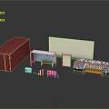 Outdoor Exhibition Scene Components Red Container White Display Board Green Plants And Bench