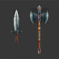 Decorative Fantasy Weapons Sword And Axe With Blue Red Accents And Detailed Design