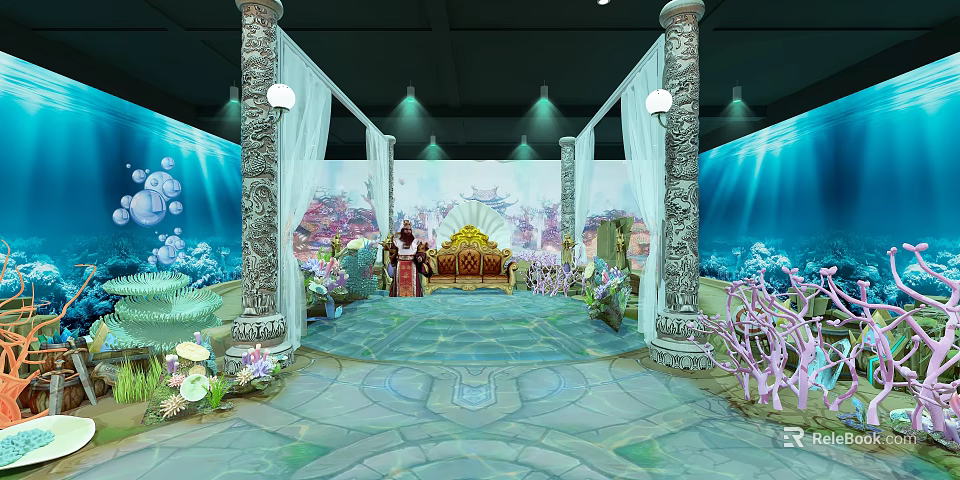 Cartoon Scene With Ocean Background Golden Throne Characters Pillars Coral Plants Patterned Carpet And Lights 3d model 