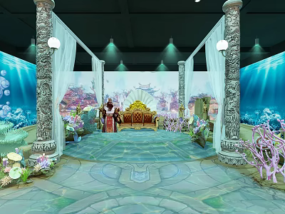 Cartoon Scene With Ocean Background Golden Throne Characters Pillars Coral Plants Patterned Carpet And Lights 3d model