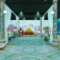 Cartoon Scene With Ocean Background Golden Throne Characters Pillars Coral Plants Patterned Carpet And Lights