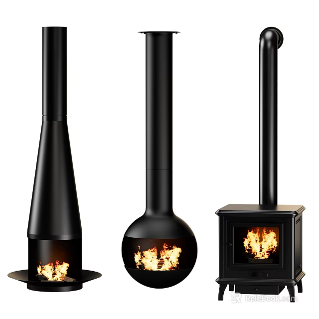 Three Stylish Black Fireplaces With Different Designs And Burning Flames 3d model 