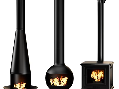Three Stylish Black Fireplaces With Different Designs And Burning Flames 3d model