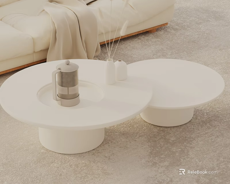 White Sofa and Round Coffee Table Set Interior With Coffee Pot and Scented Sticks 3d model