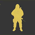 Game Movie Character In Yellow Hazmat Suit With Gas Mask Holding Rifle And Caution Text
