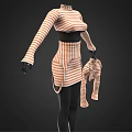 Orange And White Striped Outfit With High Neck Long Sleeve Top Short Skirt And Stockings