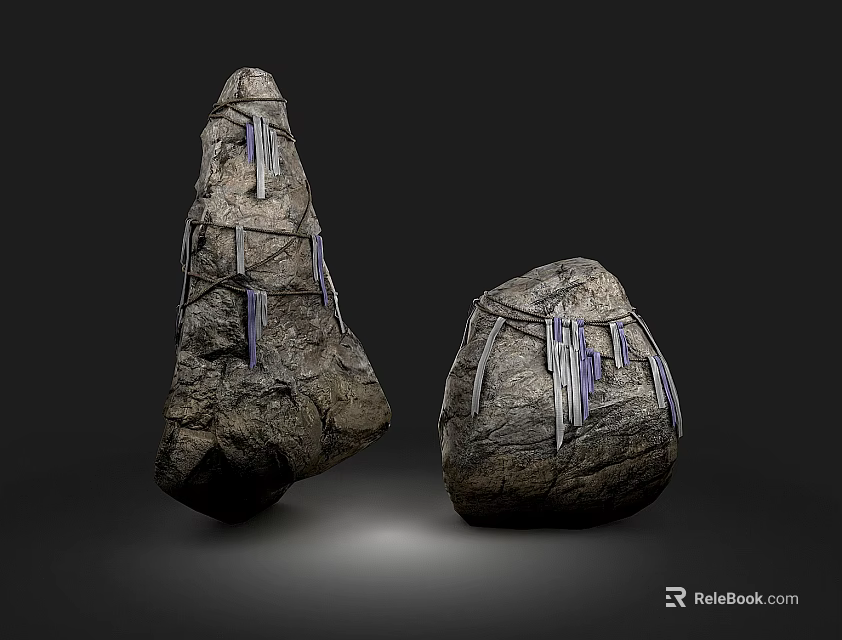 Artistic Rockery Stones With Metal Lines And Purple Pendants Decorative Design 3d model 