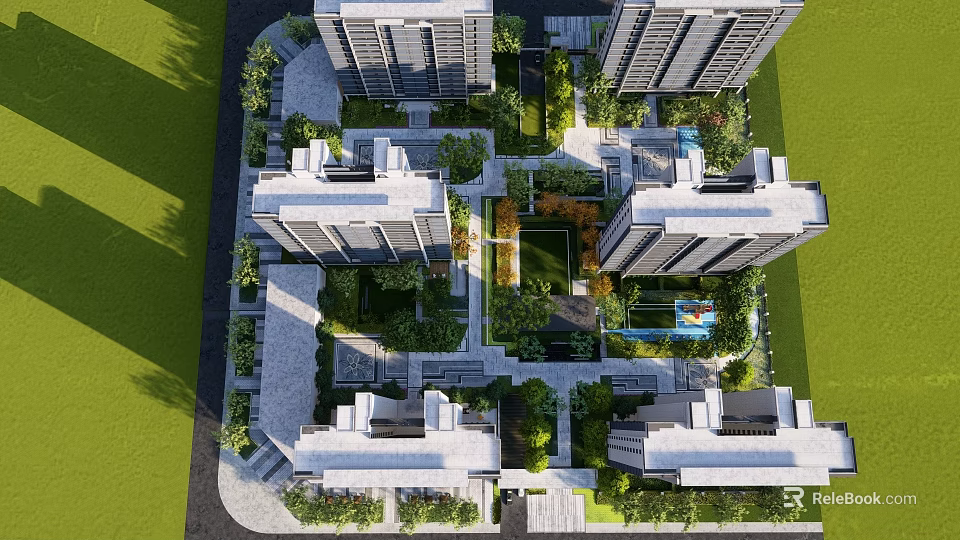 Commercial Landscape Design with High Rise Buildings Central Green Courtyard Swimming Pool and Lush Vegetation 3d model 