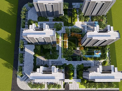 Commercial Landscape Design with High Rise Buildings Central Green Courtyard Swimming Pool and Lush Vegetation 3d model